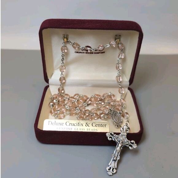 Pink Cathedral Catholic Rosary Glass Bead Crucifix Center Jesus Italy Chapel Vtg - Picture 1 of 5
